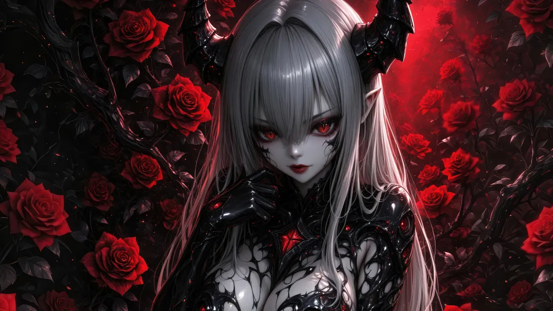 4k暗黑恶魔少女壁纸｜红玫瑰背景图片 - 哥特风二次元「哲风壁纸」