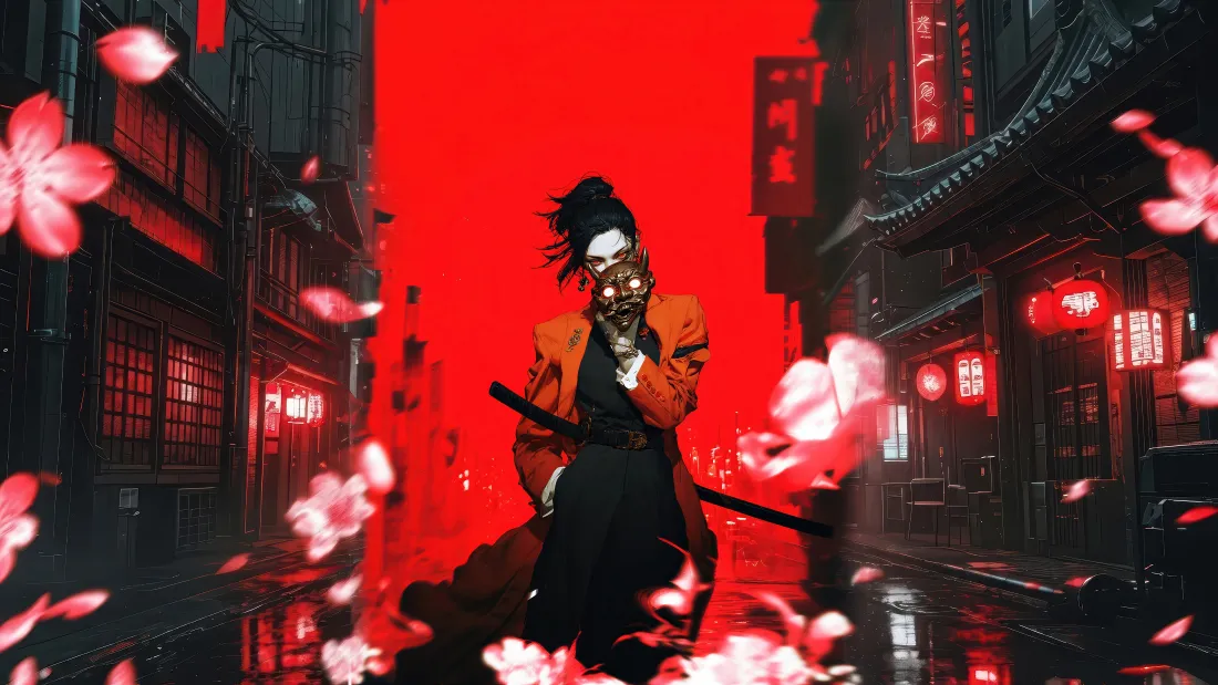 4k武士壁纸｜日式古街樱花背景图片 - 红色创意插画「哲风壁纸」