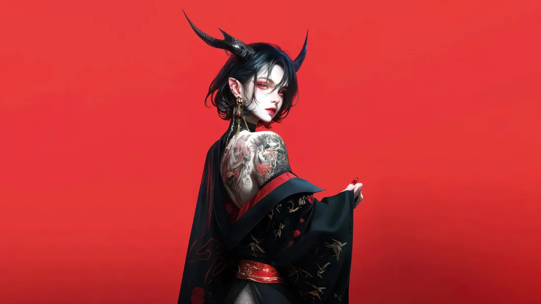 4k恶魔少女壁纸｜红色纯背景图片 - 冷艳纹身二次元女孩「哲风壁纸」
