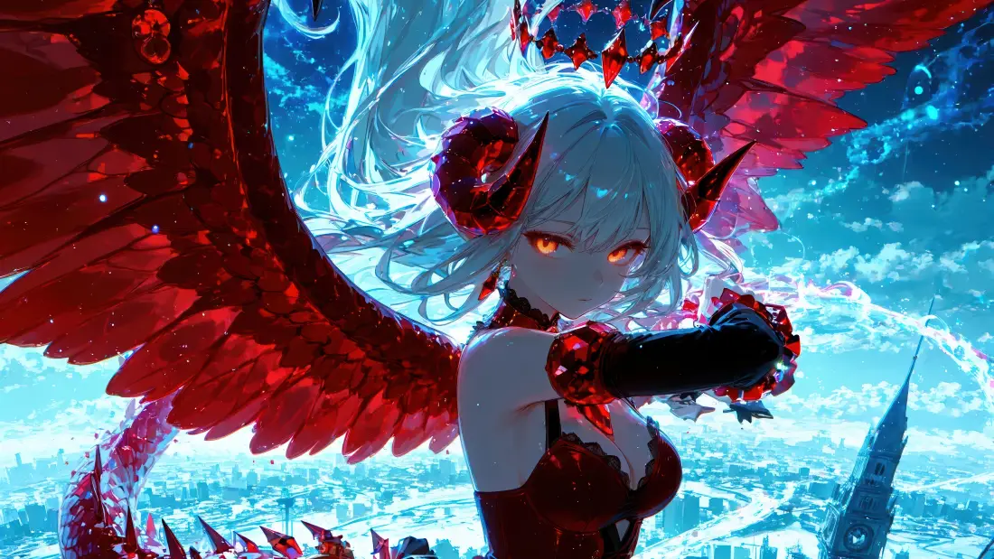4k二次元恶魔少女壁纸｜红翼白发背景图片 - 高清桌面素材「哲风壁纸」