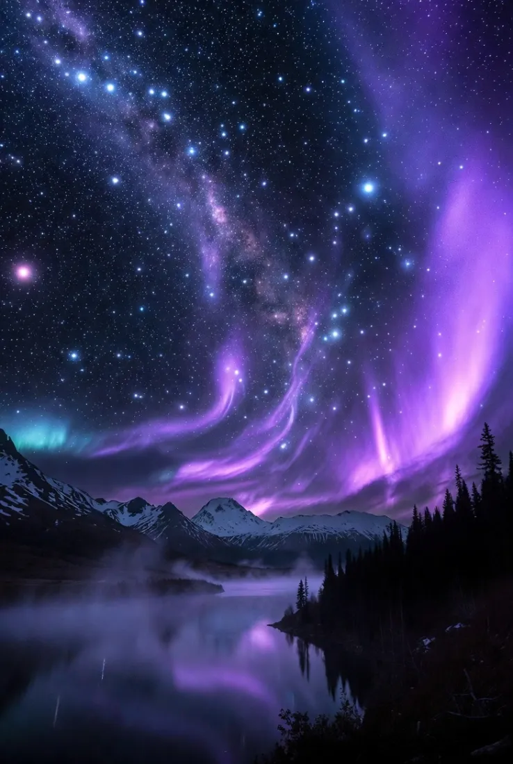 极光手机壁纸｜夜晚湖景星空背景图片 - 紫色梦幻自然印象风光「哲风壁纸」