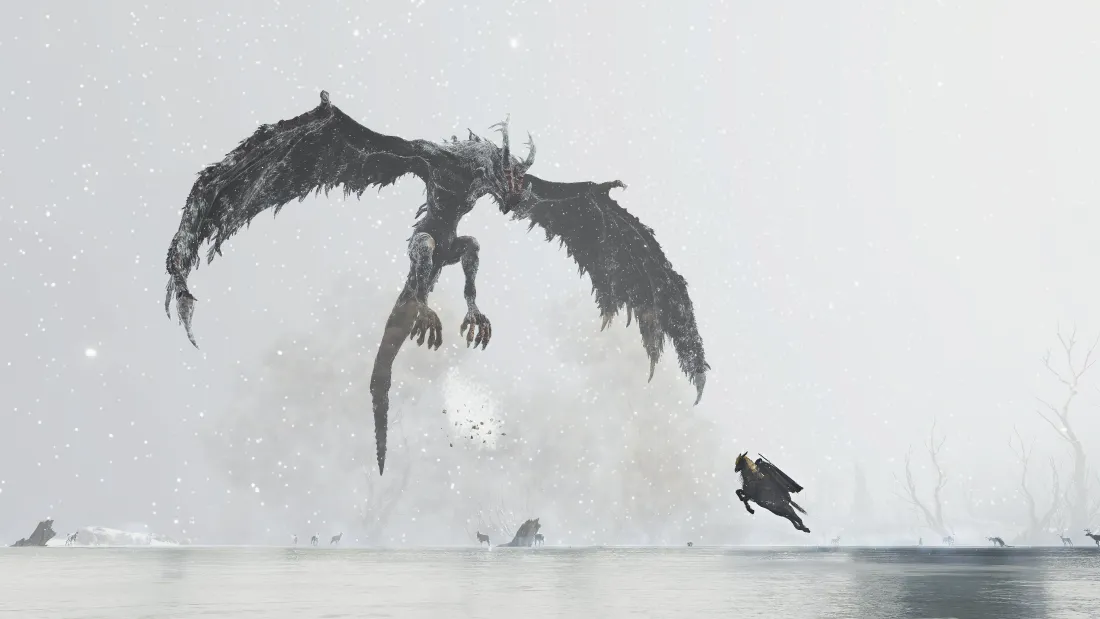 4k艾尔登法环壁纸｜巨龙飞翔背景图片 - 灰白雪原奇幻场景「哲风壁纸」