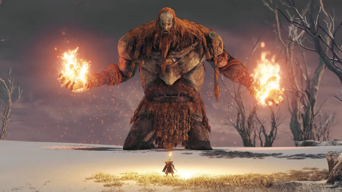 4k艾尔登法环火焰巨人壁纸｜雪地枯树火焰背景图片 - 游戏BOSS「哲风壁纸」