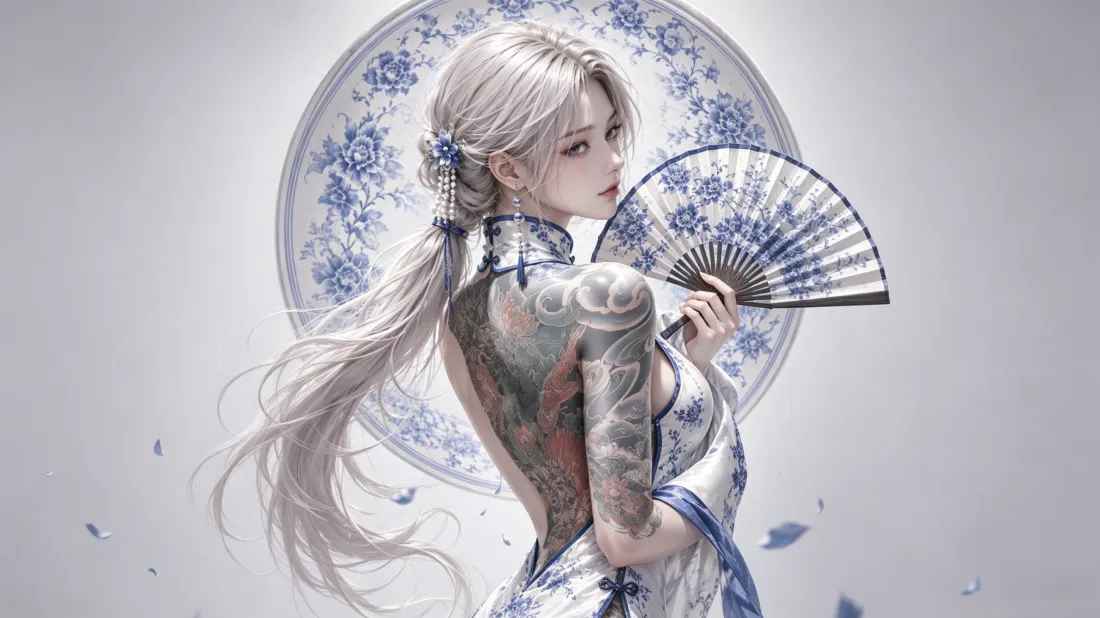3k青花瓷旗袍少女壁纸｜国风折扇背景图片 - 二次元插画「哲风壁纸」