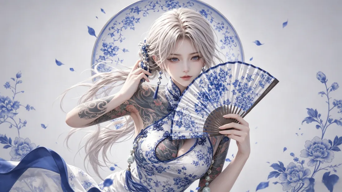 3k青花瓷旗袍少女壁纸｜国风插画背景图片 - 清冷气质「哲风壁纸」
