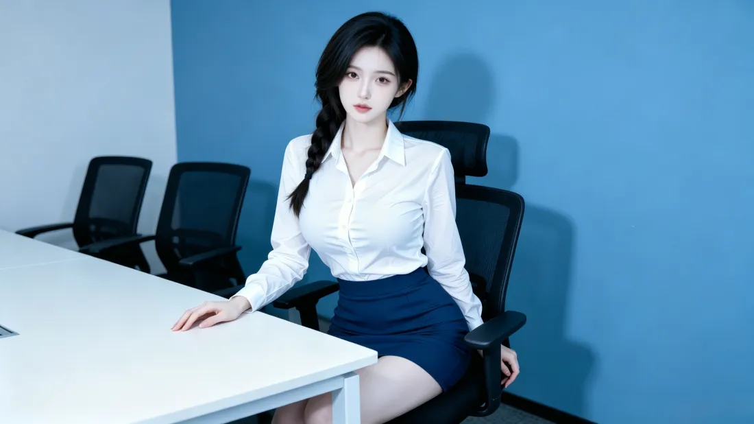 3k职场美女壁纸｜会议室背景图片 - 白衬衫蓝裙穿搭「哲风壁纸」