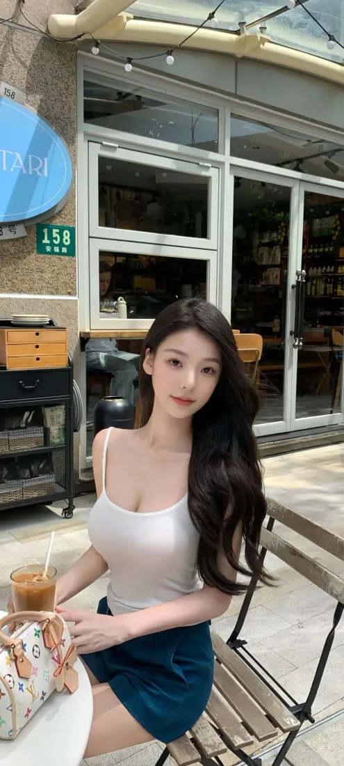 气质长发美女手机壁纸｜户外咖啡店背景图片 - 休闲穿搭「哲风壁纸」