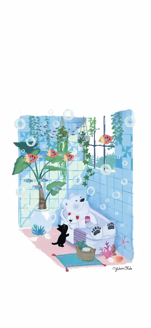 可爱卡通小猫手机壁纸｜浴室绿植泡泡背景图片 - 治愈清新插画「哲风壁纸」
