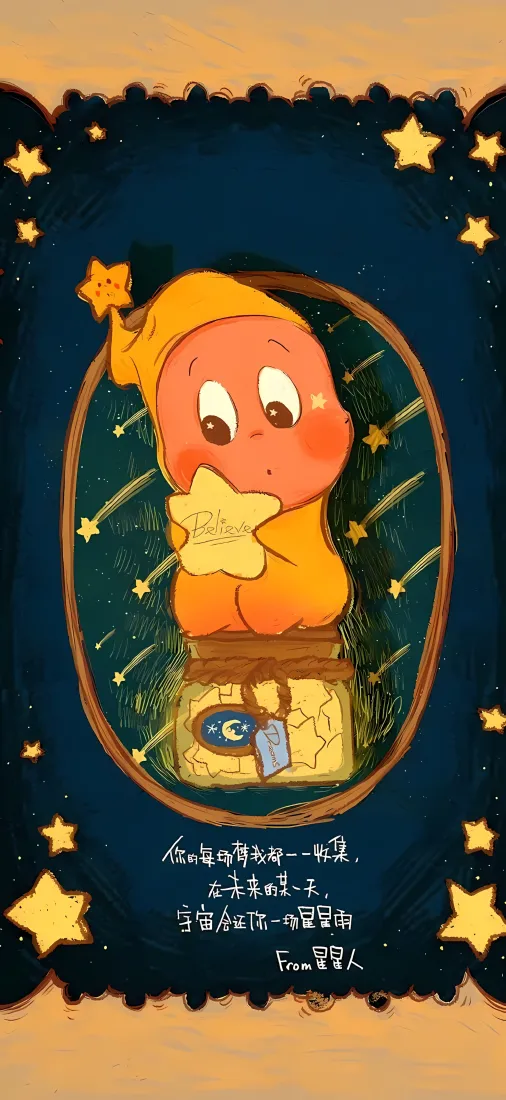 泡泡玛特星星人手机壁纸｜星空流星背景图片 - 可爱治愈潮玩插画「哲风壁纸」