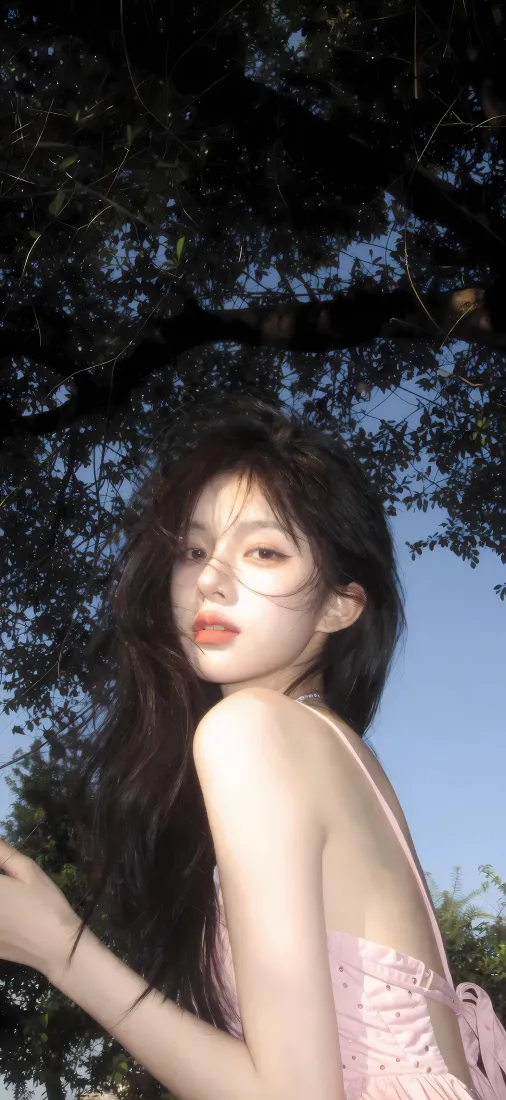 甜系美女手机壁纸｜树荫蓝天背景图片 - 夏日氛围感人像「哲风壁纸」