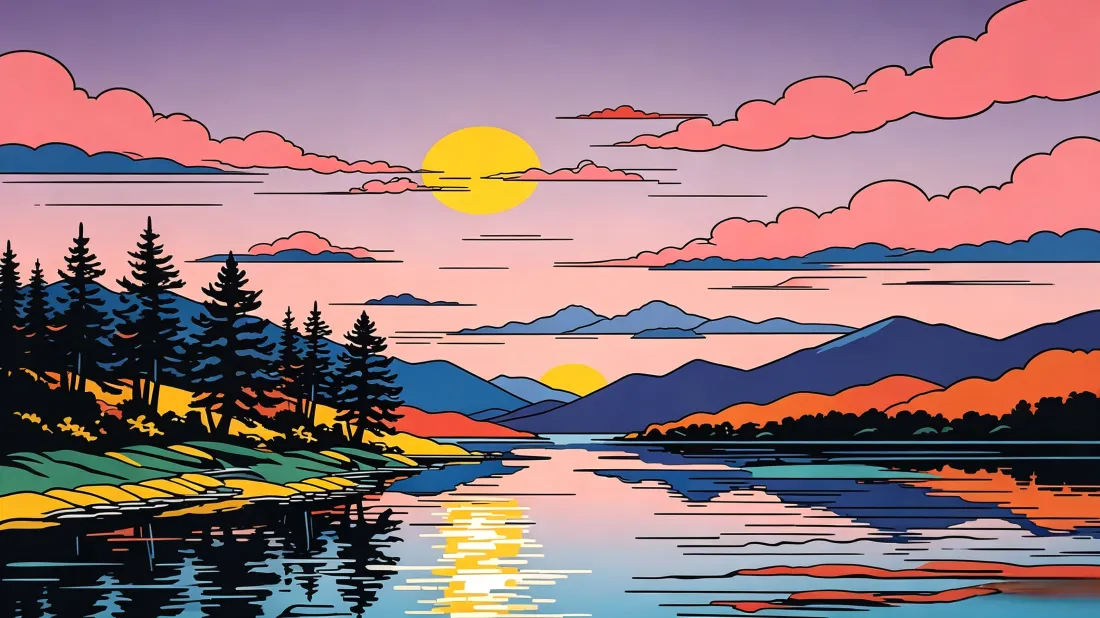 3k像素风日落湖景壁纸｜山水插画背景图片 - 治愈自然风光「哲风壁纸」