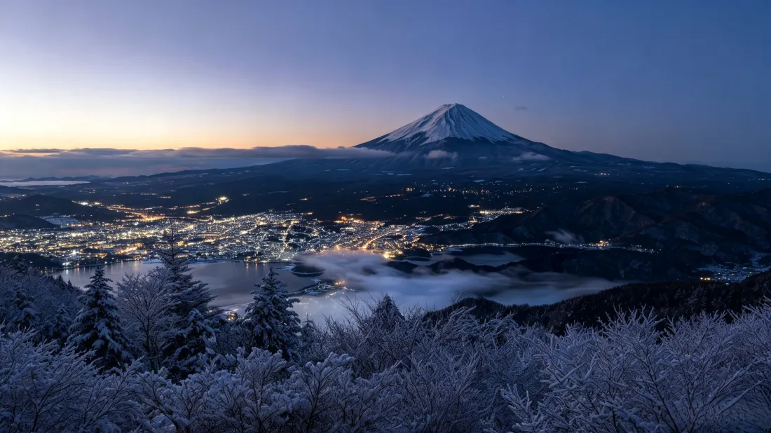 3k富士山壁纸｜云海城镇暮色背景图片 - 冬日自然风景「哲风壁纸」