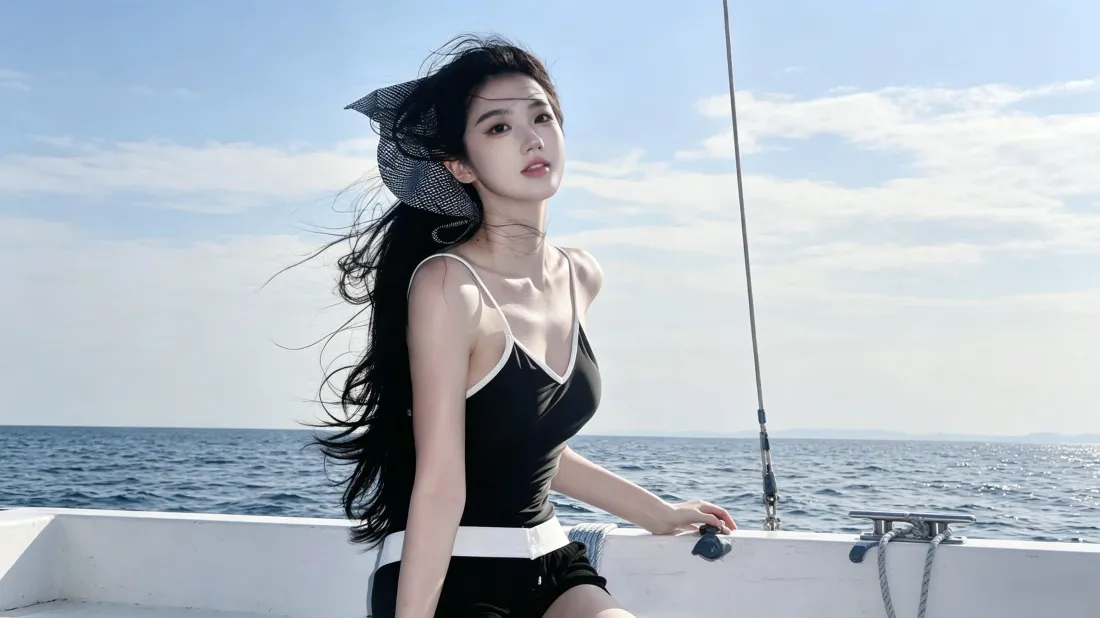 3k海边美女壁纸｜蓝天大海背景图片 - 游艇休闲氛围感写真「哲风壁纸」