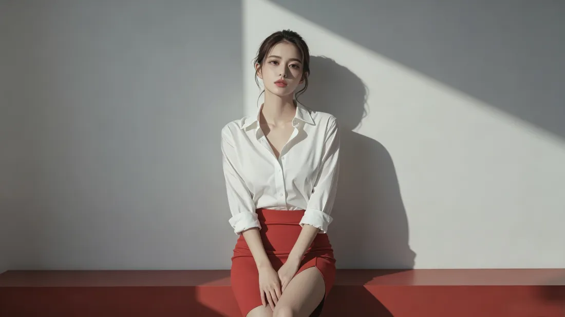 3k气质美女壁纸｜光影室内背景图片 - 白衬衫红裙「哲风壁纸」