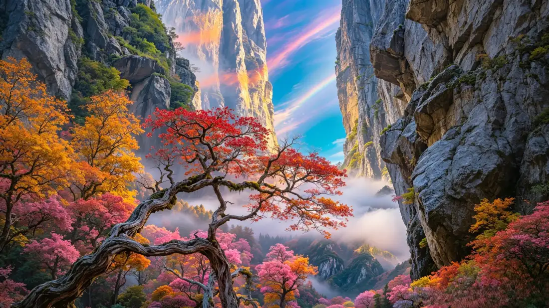 3k彩林峡谷壁纸｜云海彩虹背景图片 - 绝美高山自然景观「哲风壁纸」