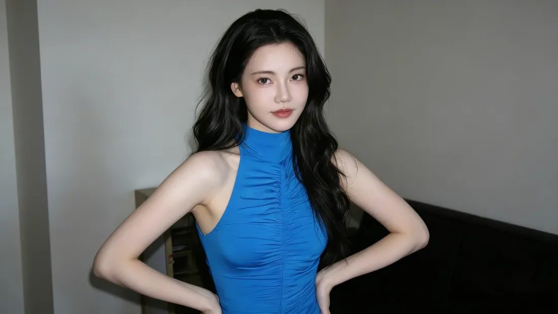 3k蓝裙美女壁纸｜简约室内背景图片 - 时尚气质写真「哲风壁纸」