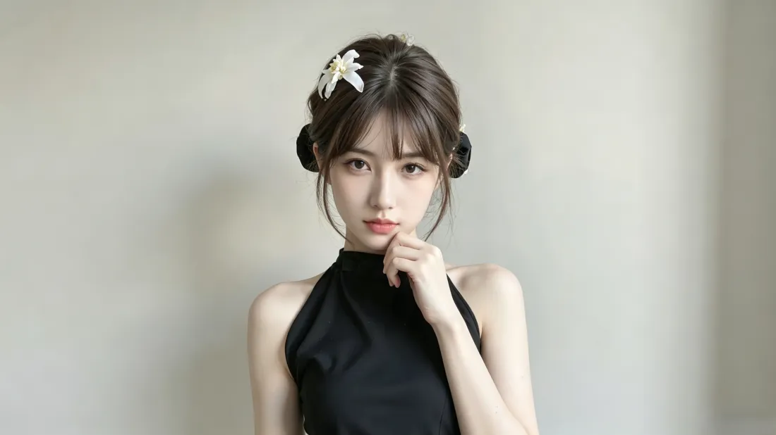 3k双丸子头美女壁纸｜黑色挂脖裙背景图片 - 清冷氛围感「哲风壁纸」