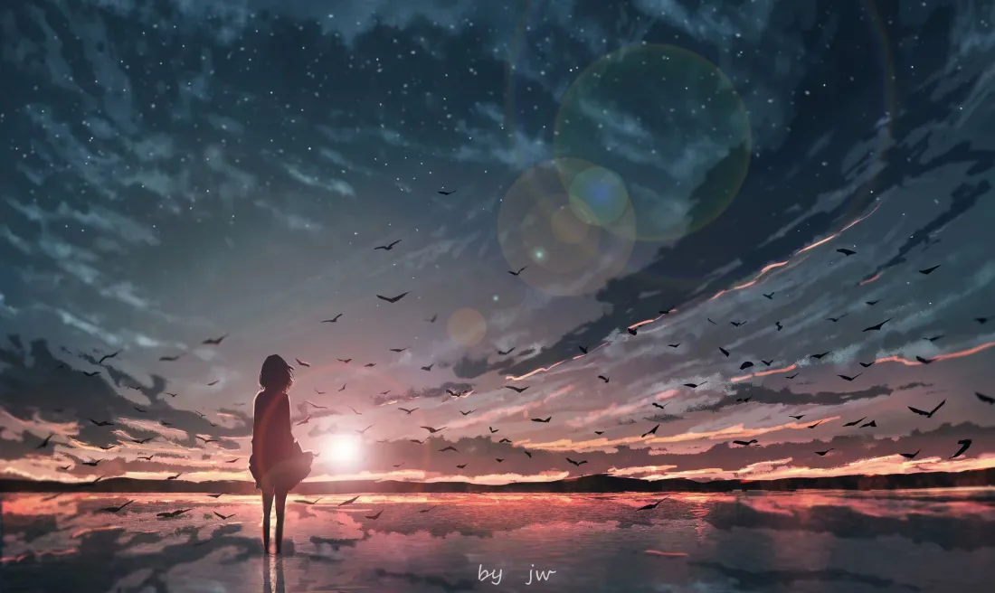 3k动漫少女壁纸｜日落海边背景图片 - 飞鸟剪影治愈场景「哲风壁纸」