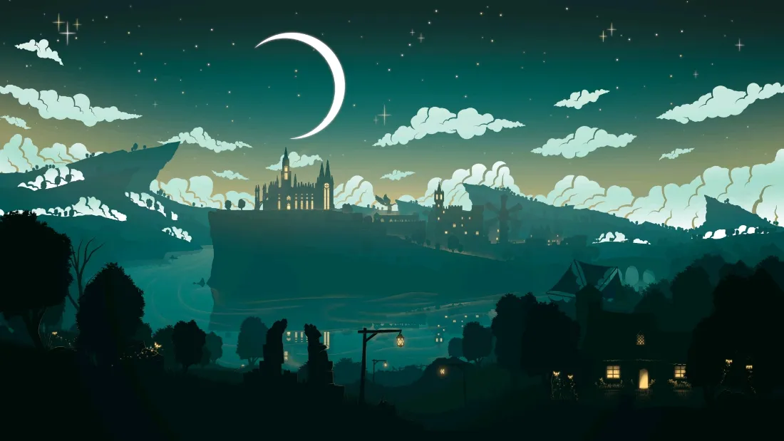 2k月夜城堡壁纸｜星空湖面背景图片 - 治愈插画风景「哲风壁纸」