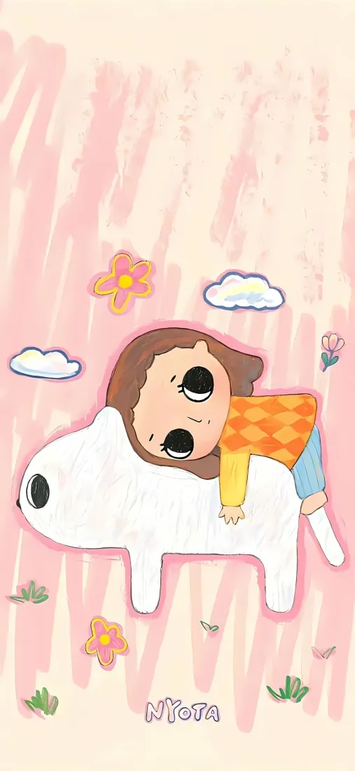 卡通女孩手机壁纸｜粉色可爱背景图片 - 小狗治愈插画「哲风壁纸」