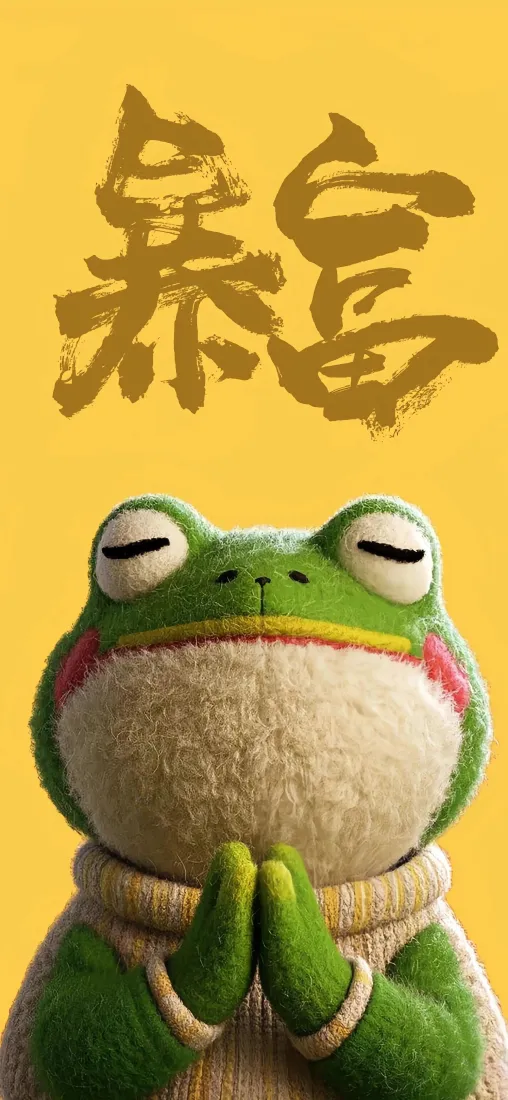 旅行青蛙手机壁纸｜暴富暖黄背景图片 - 可爱祈福毛绒青蛙「哲风壁纸」