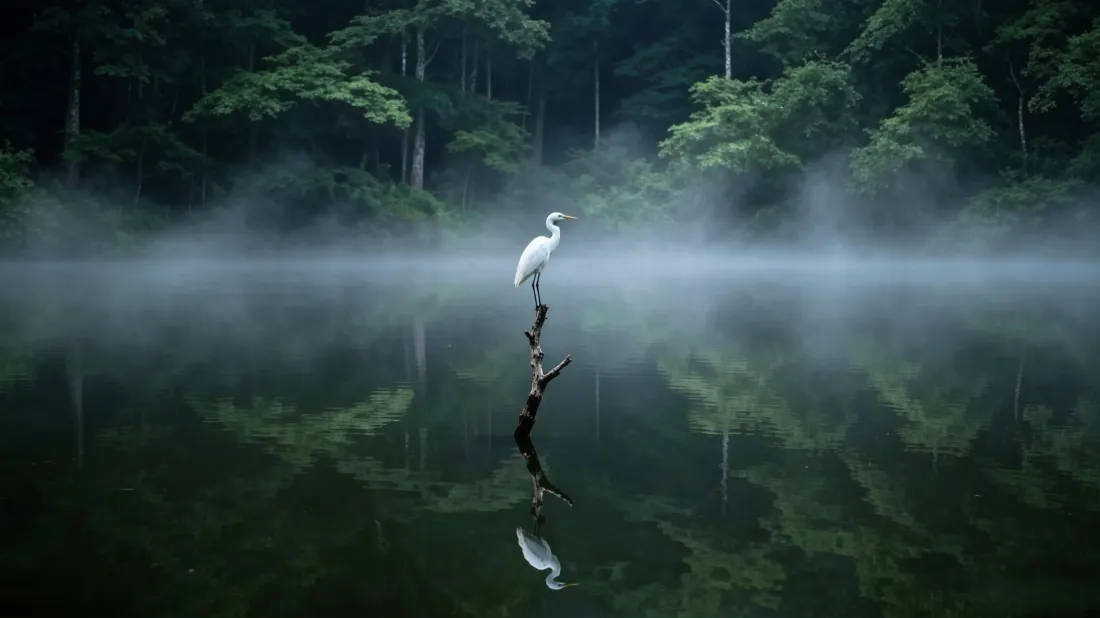3k白鹭壁纸｜迷雾湖面背景图片 - 静谧森林治愈自然风景「哲风壁纸」