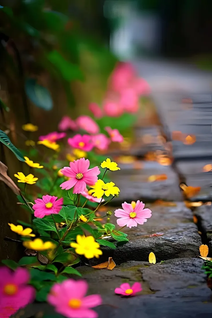 路边鲜花手机壁纸｜石板小径背景图片 - 清新自然「哲风壁纸」