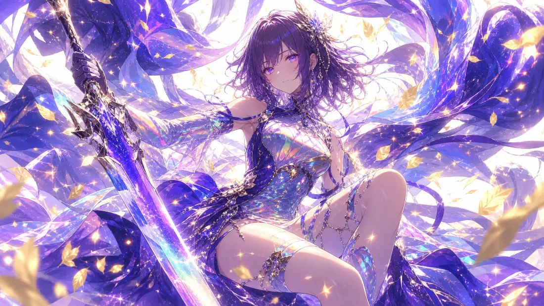 2k二次元少女壁纸｜紫色星光背景图片 - 持剑插画少女「哲风壁纸」