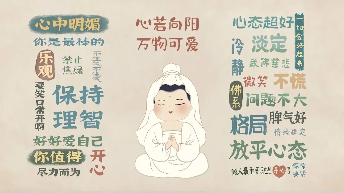 3k佛系卡通观音壁纸｜治愈心态文案背景图片 - 乐观励志「哲风壁纸」