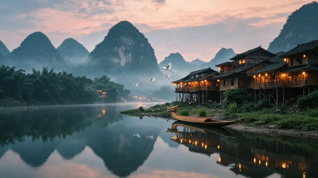 3k桂林山水壁纸｜河畔吊脚楼背景图片 - 薄雾黄昏风光「哲风壁纸」