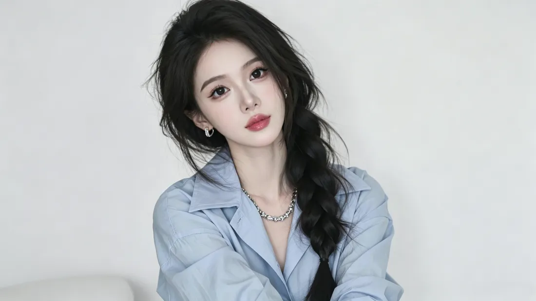 3k清冷气质美女壁纸｜纯白色背景图片 - 蓝色衬衫氛围感写真「哲风壁纸」