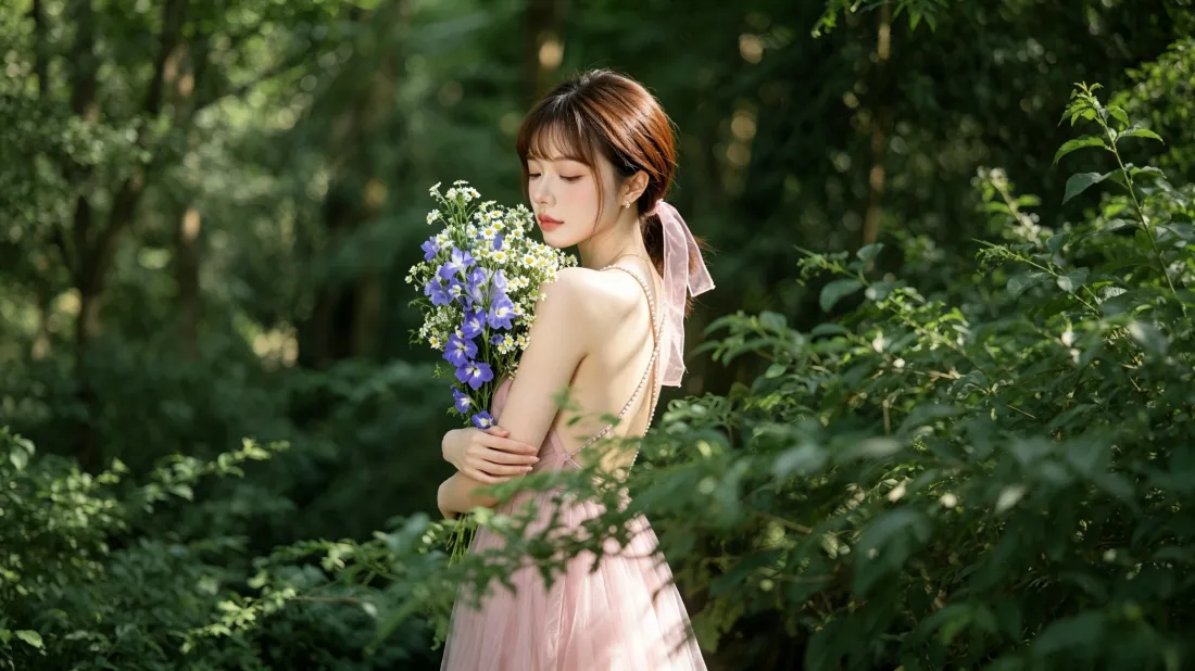 3k森系少女壁纸｜葱郁森林背景图片 - 粉裙捧花氛围感写真「哲风壁纸」