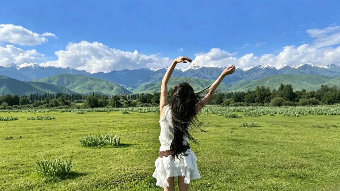 3k白裙少女壁纸｜草原远山背景图片 - 治愈自由舒适氛围「哲风壁纸」