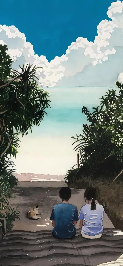 海边情侣插画手机壁纸｜日系清新背景图片 - 治愈氛围「哲风壁纸」
