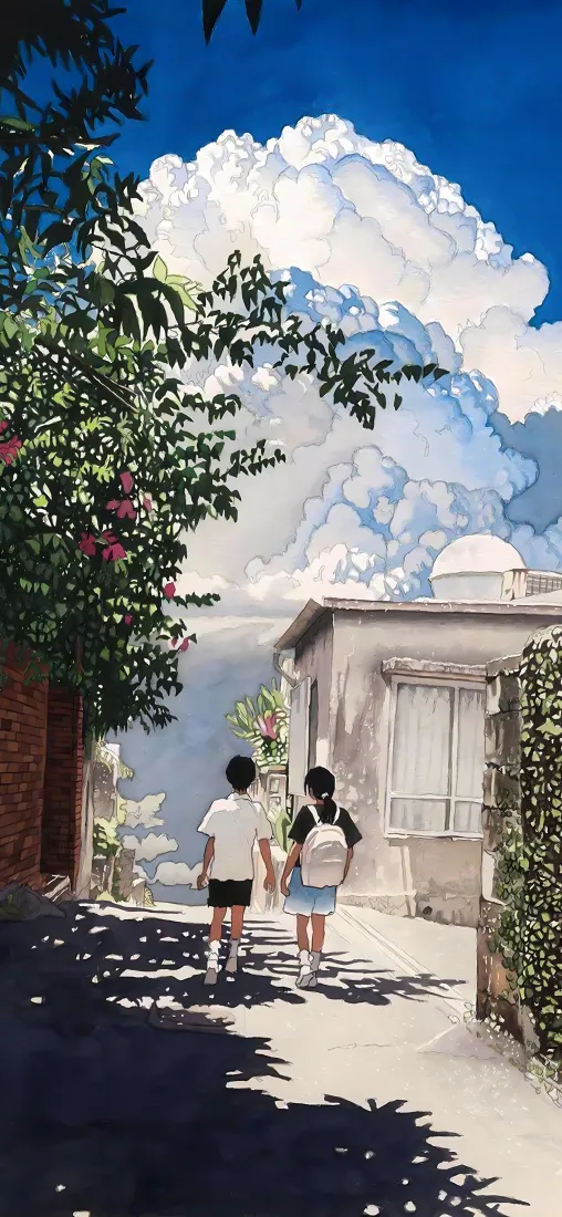 日系治愈插画手机壁纸｜夏日小巷背景图片 - 少年少女同行「哲风壁纸」