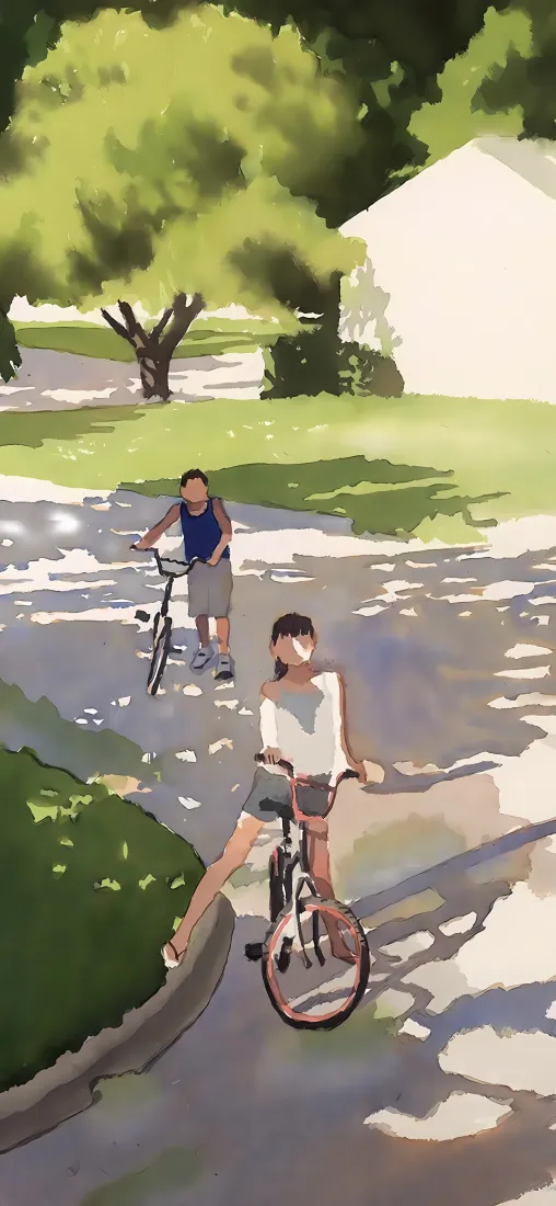 夏日骑行手机壁纸｜日系治愈插画背景图片 - 林荫休闲场景「哲风壁纸」