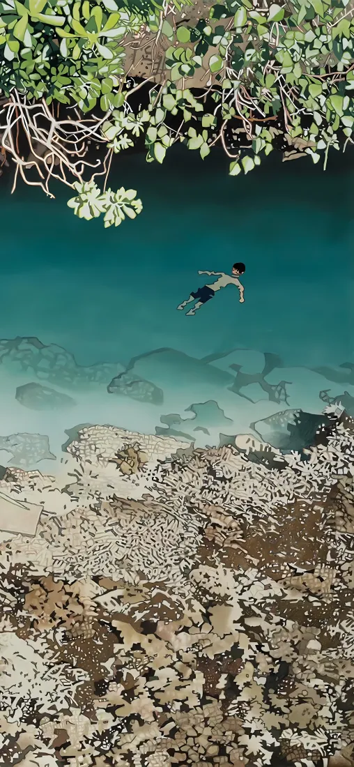 夏日治愈风景手机壁纸｜清澈湖水游泳背景图片 - 日系插画「哲风壁纸」