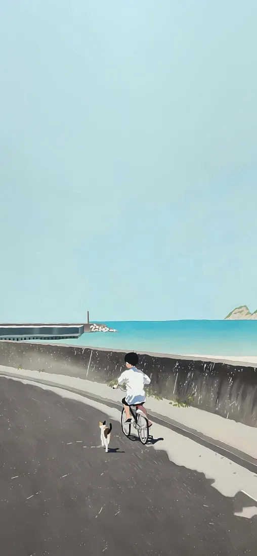 日系风景插画手机壁纸｜海边骑行背景图片 - 治愈小清新「哲风壁纸」