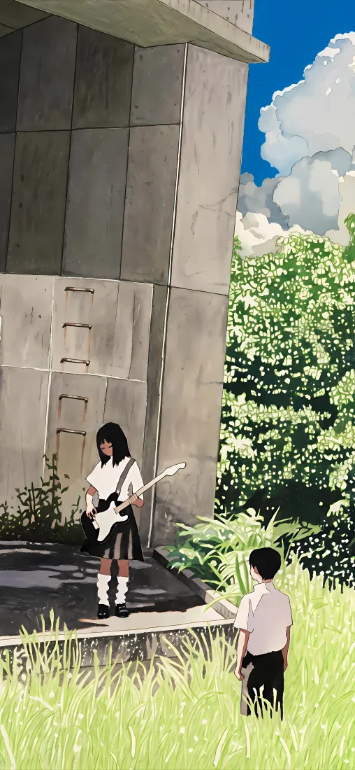 日系插画手机壁纸｜夏日青春户外背景图片 - 弹吉他少女场景「哲风壁纸」