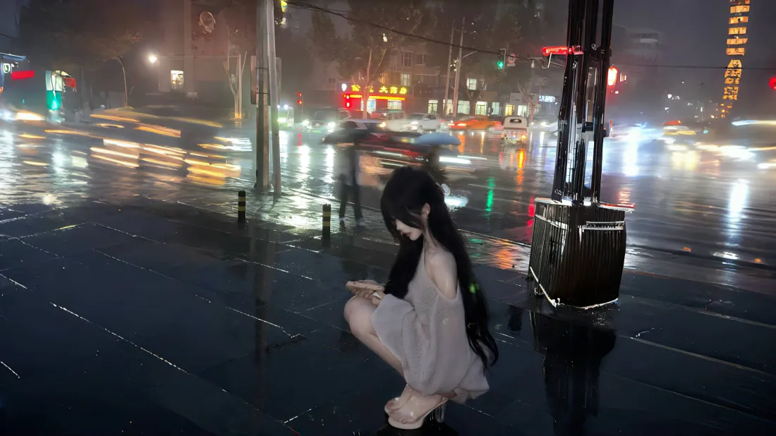 3k雨夜二次元少女壁纸｜城市街头背景图片 - 氛围感插画「哲风壁纸」