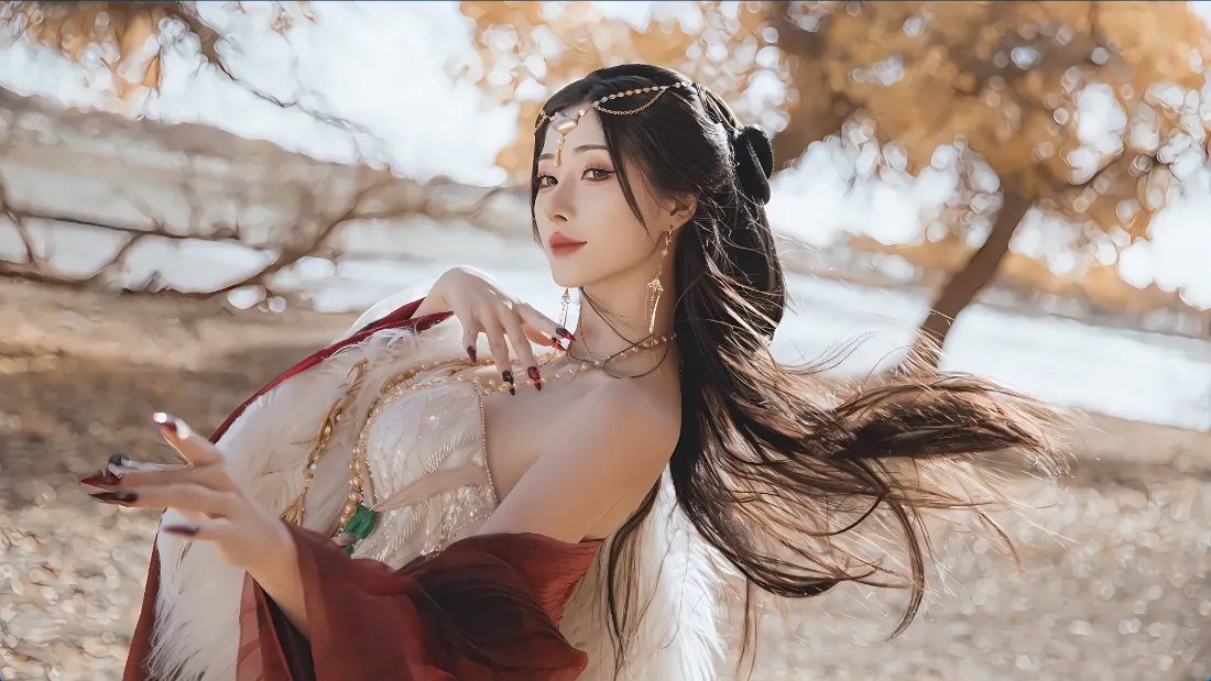 2k古风红衣美女壁纸｜秋日湖边背景图片 - 氛围感人像「哲风壁纸」