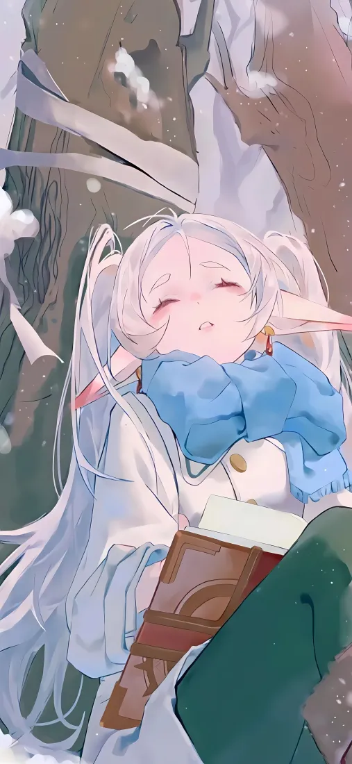 葬送的芙莉莲手机壁纸｜冬日雪景背景图片 - 蓝白服饰精灵少女「哲风壁纸」