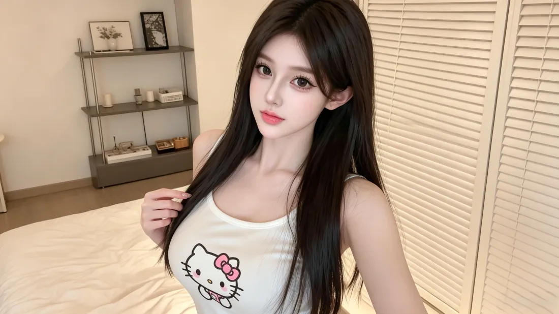3k长发美女壁纸｜HelloKitty吊带居家背景图片 - 高颜值写真「哲风壁纸」