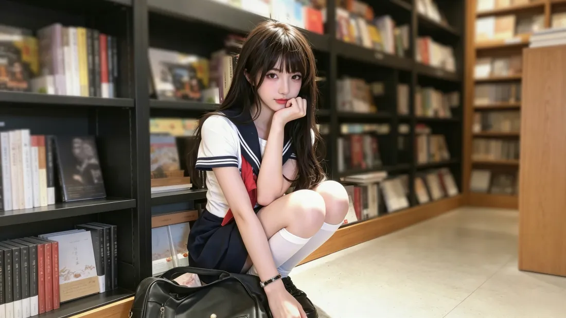 3k水手服少女壁纸｜书店休闲氛围感背景图片 - 甜美JK女生写真「哲风壁纸」