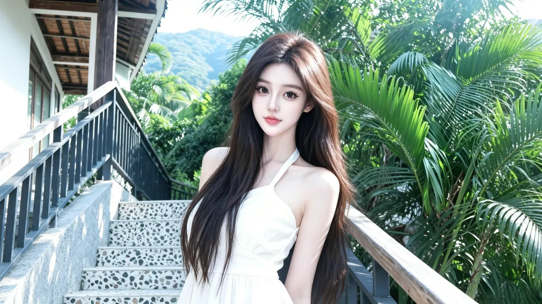 3k白裙美女壁纸｜绿植庭院背景图片 - 夏日清新人像「哲风壁纸」