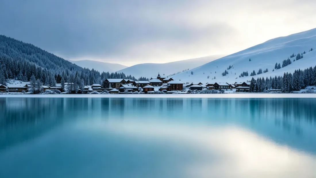 3k冬日雪山临水村落壁纸｜澄澈湖面背景图片 - 治愈冬日雪景「哲风壁纸」