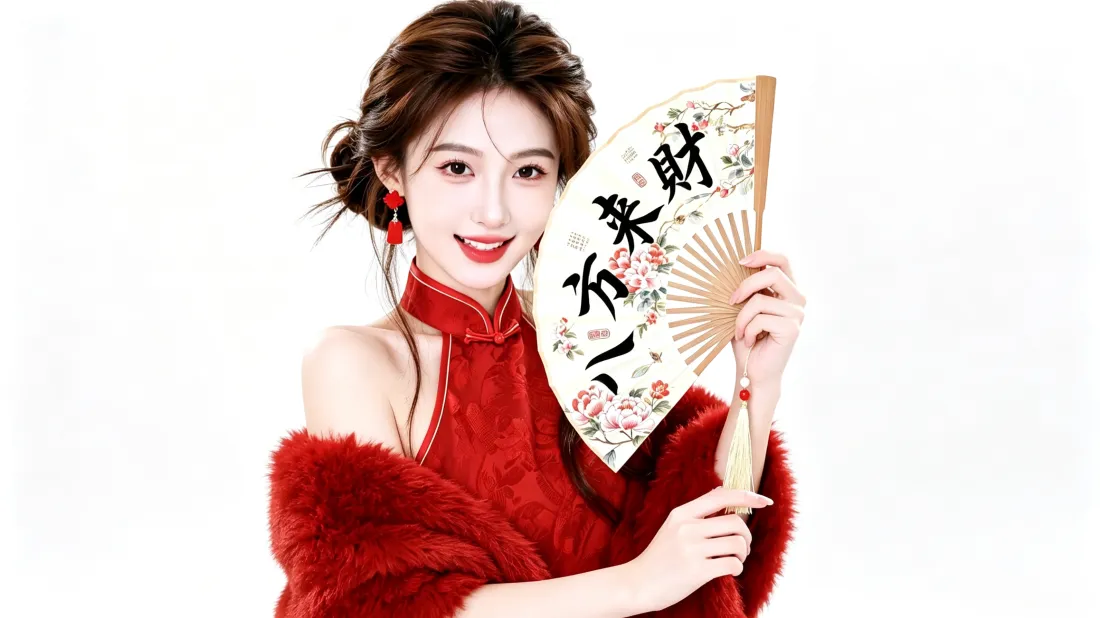 3k红衣旗袍美女壁纸｜喜庆纯白背景图片 - 手持八方来财折扇「哲风壁纸」