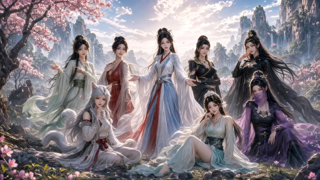 4k凡人修仙传壁纸｜仙侠美女群像背景图片 - 桃花仙山场景「哲风壁纸」