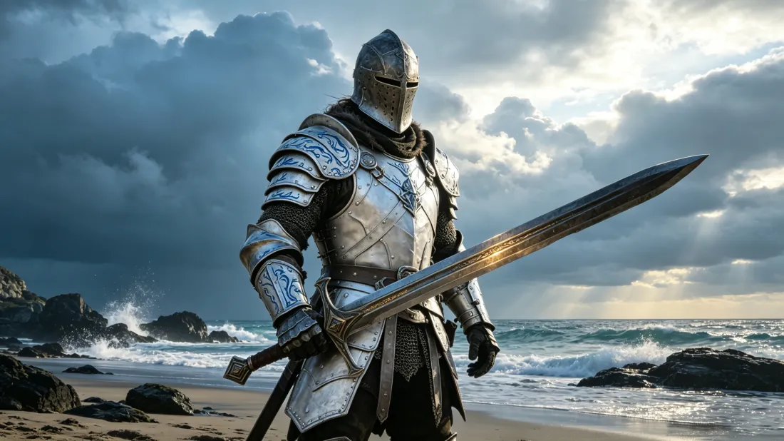 3k板甲骑士壁纸｜海滩海岸背景图片 - 持剑中世纪战士「哲风壁纸」
