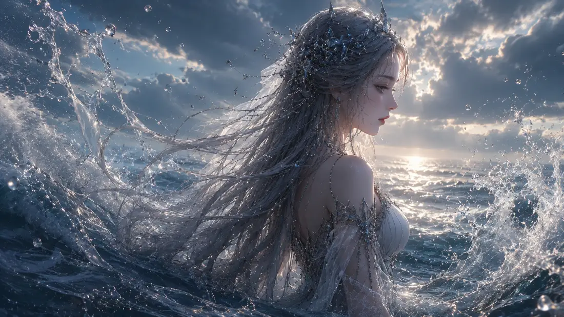 2k海洋女神壁纸｜国风海浪背景图片 - 仙气氛围感插画「哲风壁纸」